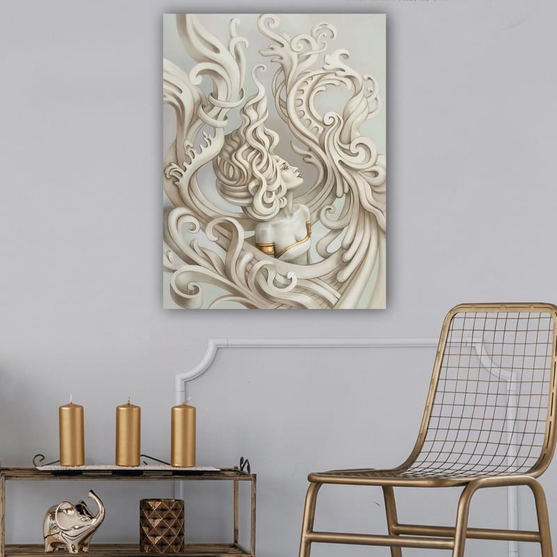 Canvastavla 70x100 cm - Stiliserad kvinna med böljande hår omgiven av dekorativa svängningar och former - Ljusgrå / Beige / Vit - Inredning - Tavlor & posters - Canvastavla