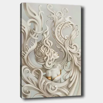 Canvastavla 70x100 cm - Stiliserad kvinna med böljande hår omgiven av dekorativa svängningar och former - Ljusgrå / Beige / Vit - Inredning - Tavlor & posters - Canvastavla