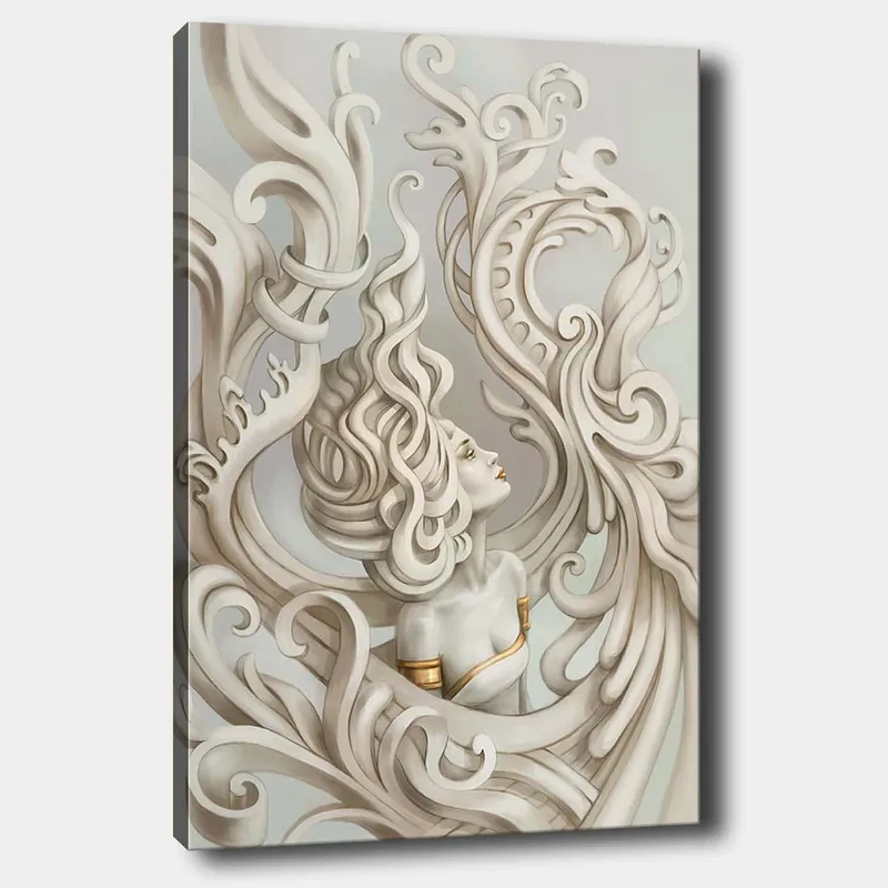 Canvastavla 70x100 cm - Stiliserad kvinna med böljande hår omgiven av dekorativa svängningar och former, Ljusgrå / Beige / Vit