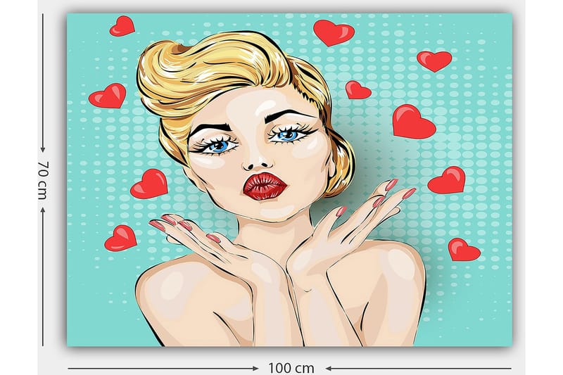 Canvastavla 70x100 cm - Stiliserad kvinna med blont hår och röda läppar som ger en kyss med hjärtan runt omkring sig - Ljusblå / Röd / Beige - Inredning - Tavlor & posters - Canvastavla