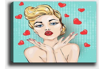 Canvastavla 70x100 cm - Stiliserad kvinna med blont hår och röda läppar som ger en kyss med hjärtan runt omkring sig - Ljusblå / Röd / Beige - Inredning - Tavlor & posters - Canvastavla