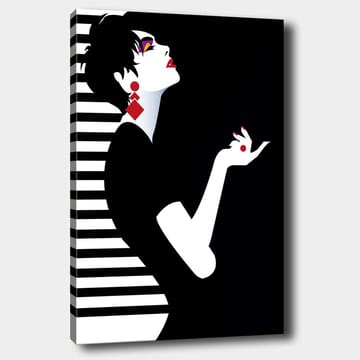 Canvastavla 70x100 cm - Stiliserad kvinna med en elegant hållning och dramatiska smycken - Svart / Vit / Röd - Inredning - Tavlor & posters - Canvastavla