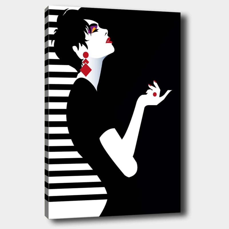 Canvastavla 70x100 cm - Stiliserad kvinna med en elegant hållning och dramatiska smycken - Svart / Vit / Röd - Inredning - Tavlor & posters - Canvastavla