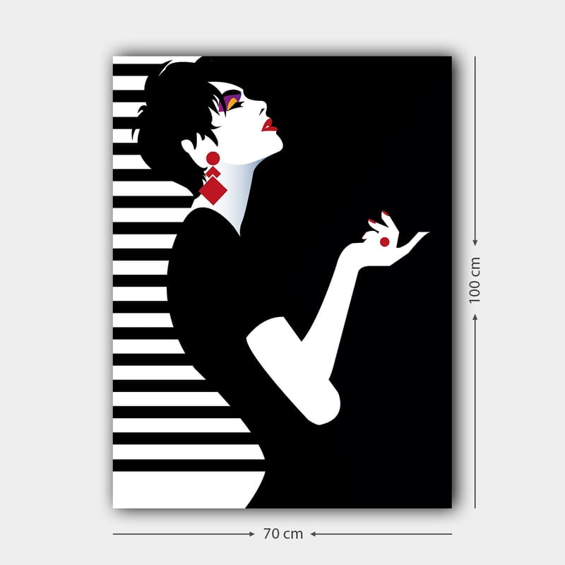 Canvastavla 70x100 cm - Stiliserad kvinna med en elegant hållning och dramatiska smycken - Svart / Vit / Röd - Inredning - Tavlor & posters - Canvastavla