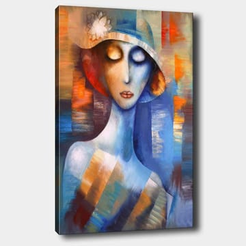Canvastavla 70x100 cm - Stiliserad kvinna med en hatt som utstrålar en drömlik och känslosam atmosfär - Blå / Orange / Vit - Inredning - Tavlor & posters - Canvastavla