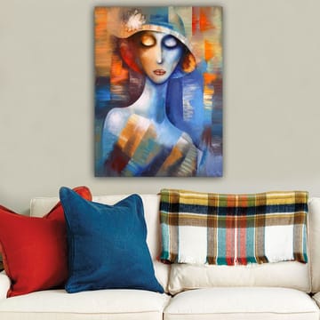 Canvastavla 70x100 cm - Stiliserad kvinna med en hatt som utstrålar en drömlik och känslosam atmosfär - Blå / Orange / Vit - Inredning - Tavlor & posters - Canvastavla