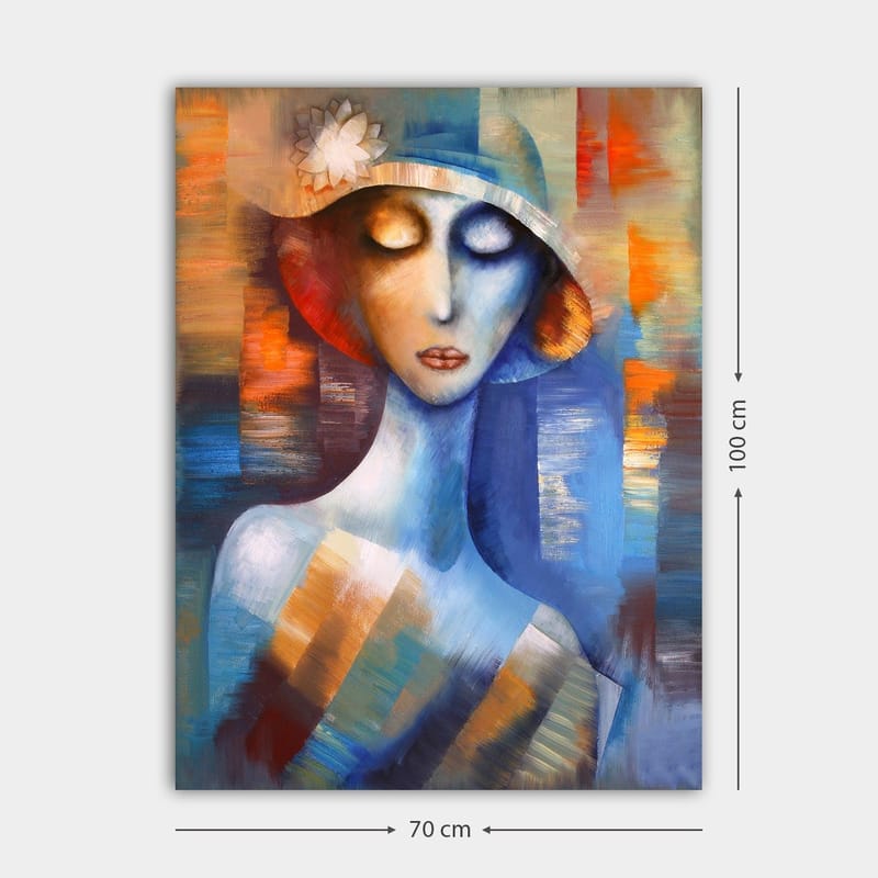 Canvastavla 70x100 cm - Stiliserad kvinna med en hatt som utstrålar en drömlik och känslosam atmosfär - Blå / Orange / Vit - Inredning - Tavlor & posters - Canvastavla