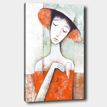 Canvastavla 70x100 cm - Stiliserad kvinna med en röd klänning och hatt, som håller ett glas - Röd / Vit / Grön - Inredning - Tavlor & posters - Canvastavla
