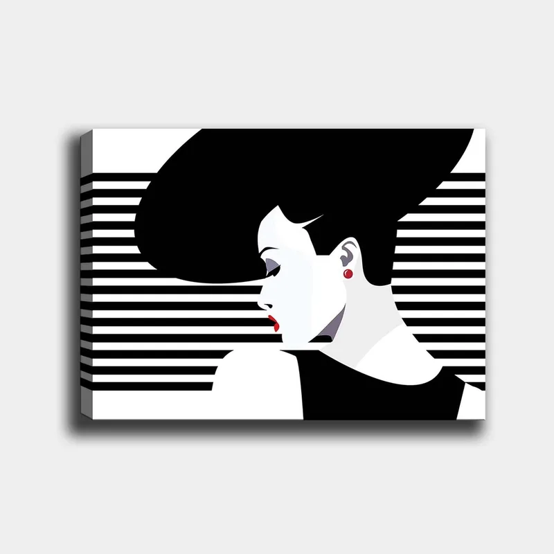 Canvastavla 70x100 cm - Stiliserad kvinna med en stor frisyr i profil, omgiven av svarta och vita ränder, Svart / Vit / Röd