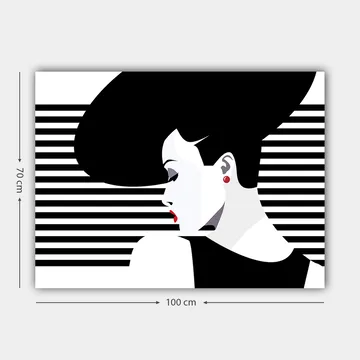 Canvastavla 70x100 cm - Stiliserad kvinna med en stor frisyr i profil, omgiven av svarta och vita ränder - Svart / Vit / Röd - Inredning - Tavlor & posters - Canvastavla