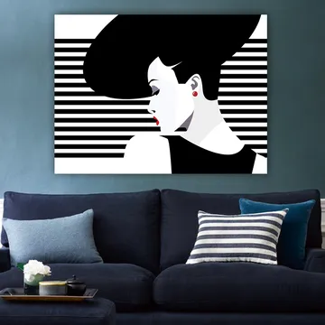 Canvastavla 70x100 cm - Stiliserad kvinna med en stor frisyr i profil, omgiven av svarta och vita ränder - Svart / Vit / Röd - Inredning - Tavlor & posters - Canvastavla