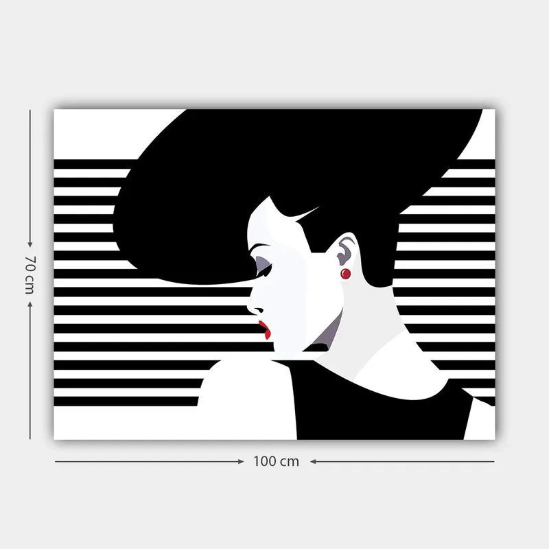 Canvastavla 70x100 cm - Stiliserad kvinna med en stor frisyr i profil, omgiven av svarta och vita ränder - Svart / Vit / Röd - Inredning - Tavlor & posters - Canvastavla