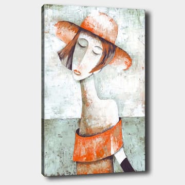 Canvastavla 70x100 cm - Stiliserad kvinna med en stor hatt och en orange tröja som ger en känsla av lugn och eftertänksamhet - Orange / Grå / Vit - Inredning - Tavlor & posters - Canvastavla