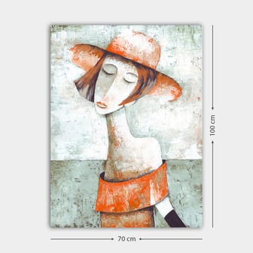 Canvastavla 70x100 cm - Stiliserad kvinna med en stor hatt och en orange tröja som ger en känsla av lugn och eftertänksamhet - Orange / Grå / Vit - Inredning - Tavlor & posters - Canvastavla