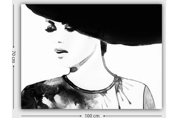 Canvastavla 70x100 cm - Stiliserad kvinna med en stor hatt och ett uttrycksfullt ansikte - Svart / Vit / Grå - Inredning - Tavlor & posters - Canvastavla