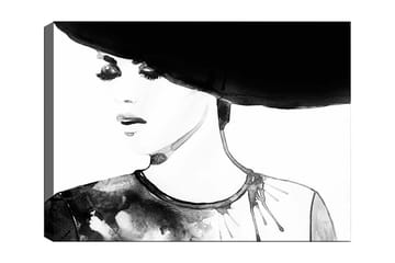 Canvastavla 70x100 cm - Stiliserad kvinna med en stor hatt och ett uttrycksfullt ansikte - Svart / Vit / Grå - Inredning - Tavlor & posters - Canvastavla