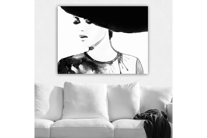 Canvastavla 70x100 cm - Stiliserad kvinna med en stor hatt och ett uttrycksfullt ansikte - Svart / Vit / Grå - Inredning - Tavlor & posters - Canvastavla