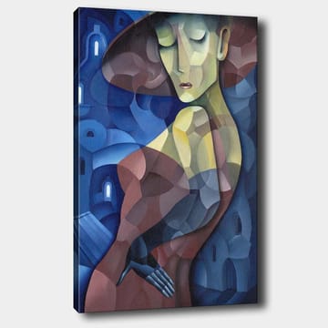 Canvastavla 70x100 cm - Stiliserad kvinna med en stor hatt som framhäver hennes eleganta silhuett - Mörkblå / Röd / Grön - Inredning - Tavlor & posters - Canvastavla