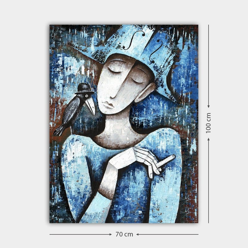 Canvastavla 70x100 cm - Stiliserad kvinna med en svart fågel på axeln, klädd i blått och vitt - Blå / Vit / Svart - Inredning - Tavlor & posters - Canvastavla