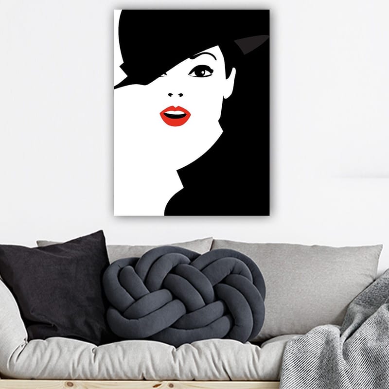 Canvastavla 70x100 cm - Stiliserad kvinna med en svart hatt och röda läppar, Svart / Vitt / Röd