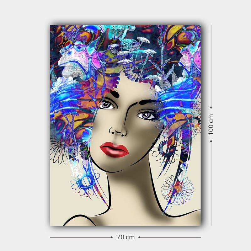 Canvastavla 70x100 cm - Stiliserad kvinna med färgglad blomsterkrans i håret - Blå / Röd / Lila - Inredning - Tavlor & posters - Canvastavla