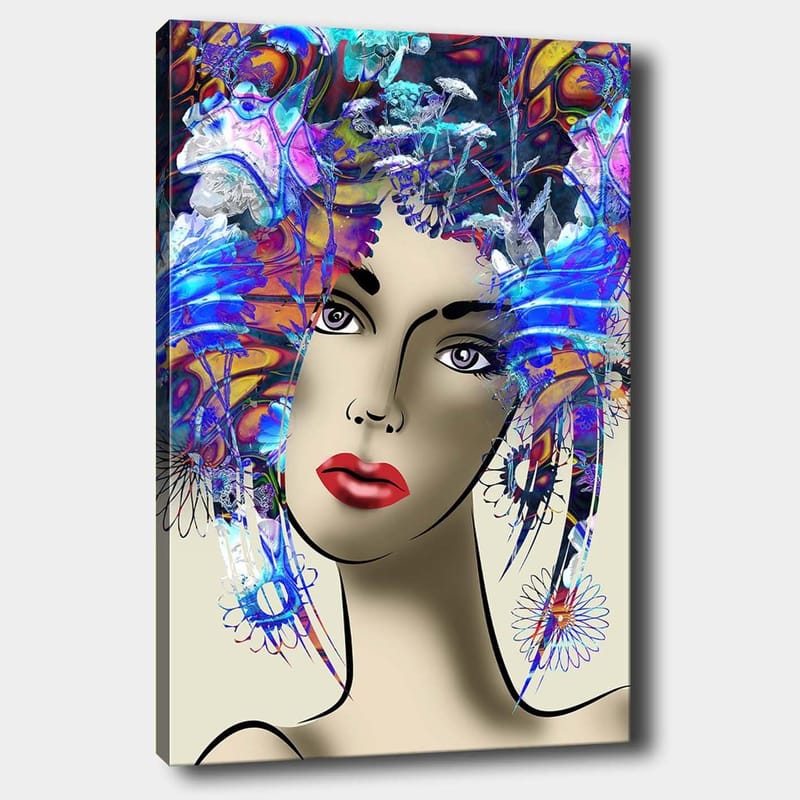 Canvastavla 70x100 cm - Stiliserad kvinna med färgglad blomsterkrans i håret, Blå / Röd / Lila
