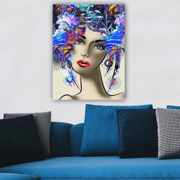 Canvastavla 70x100 cm - Stiliserad kvinna med färgglad blomsterkrans i håret - Blå / Röd / Lila - Inredning - Tavlor & posters - Canvastavla