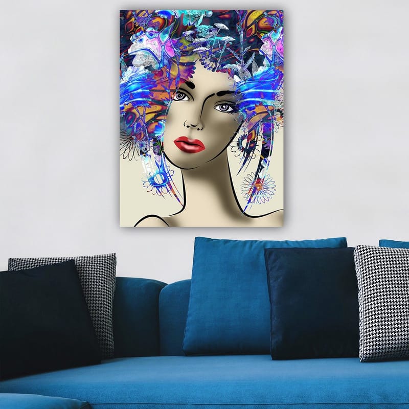 Canvastavla 70x100 cm - Stiliserad kvinna med färgglad blomsterkrans i håret - Blå / Röd / Lila - Inredning - Tavlor & posters - Canvastavla