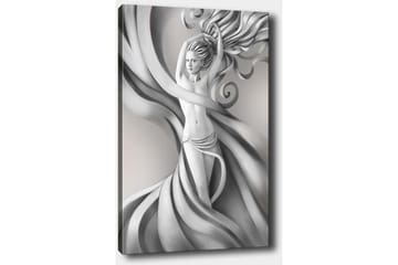 Canvastavla 70x100 cm - Stiliserad kvinna med flödande hår och kläder i gråskala, som uttrycker rörelse och elegans - Grå / Svart / Vit - Inredning - Tavlor & posters - Canvastavla