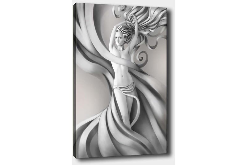 Canvastavla 70x100 cm - Stiliserad kvinna med flödande hår och kläder i gråskala, som uttrycker rörelse och elegans - Grå / Svart / Vit - Inredning - Tavlor & posters - Canvastavla