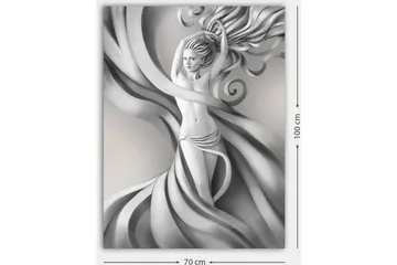 Canvastavla 70x100 cm - Stiliserad kvinna med flödande hår och kläder i gråskala, som uttrycker rörelse och elegans - Grå / Svart / Vit - Inredning - Tavlor & posters - Canvastavla