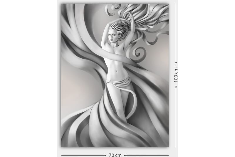 Canvastavla 70x100 cm - Stiliserad kvinna med flödande hår och kläder i gråskala, som uttrycker rörelse och elegans - Grå / Svart / Vit - Inredning - Tavlor & posters - Canvastavla