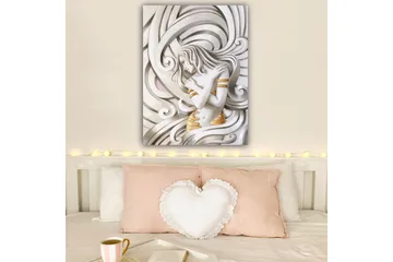 Canvastavla 70x100 cm - Stiliserad kvinna med flödande hår som omfamnar sig själv i en abstrakt komposition - Vit / Guld / Grå - Inredning - Tavlor & posters - Canvastavla