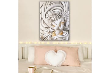 Canvastavla 70x100 cm - Stiliserad kvinna med flödande hår som omfamnar sig själv i en abstrakt komposition - Vit / Guld / Grå - Inredning - Tavlor & posters - Canvastavla