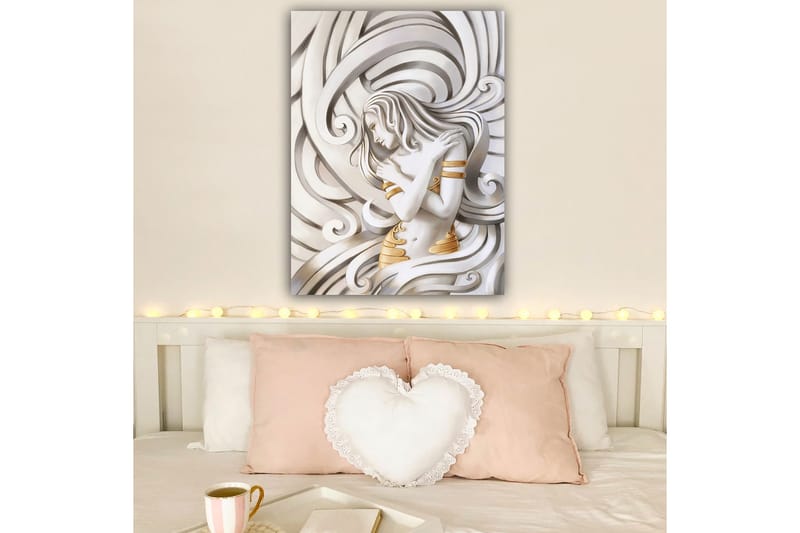 Canvastavla 70x100 cm - Stiliserad kvinna med flödande hår som omfamnar sig själv i en abstrakt komposition - Vit / Guld / Grå - Inredning - Tavlor & posters - Canvastavla