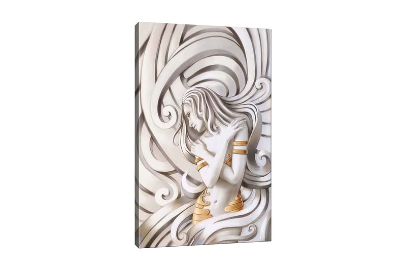 Canvastavla 70x100 cm - Stiliserad kvinna med flödande hår som omfamnar sig själv i en abstrakt komposition, Vit / Guld / Grå