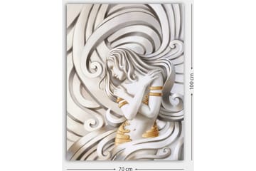 Canvastavla 70x100 cm - Stiliserad kvinna med flödande hår som omfamnar sig själv i en abstrakt komposition - Vit / Guld / Grå - Inredning - Tavlor & posters - Canvastavla