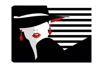 Canvastavla 70x100 cm - Stiliserad kvinna med hatt och röda detaljer som framhäver hennes ansikte och smycken - Svart / Vitt / Röd - Inredning - Tavlor & posters - Canvastavla