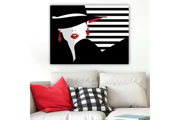 Canvastavla 70x100 cm - Stiliserad kvinna med hatt och röda detaljer som framhäver hennes ansikte och smycken - Svart / Vitt / Röd - Inredning - Tavlor & posters - Canvastavla