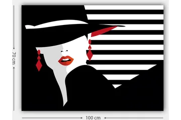 Canvastavla 70x100 cm - Stiliserad kvinna med hatt och röda detaljer som framhäver hennes ansikte och smycken - Svart / Vitt / Röd - Inredning - Tavlor & posters - Canvastavla