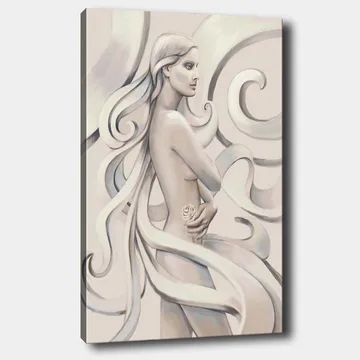 Canvastavla 70x100 cm - Stiliserad kvinna med långt hår som håller en ros, omgiven av svepande linjer - Vit / Ljusgrå / Mörkgrå - Inredning - Tavlor & posters - Canvastavla