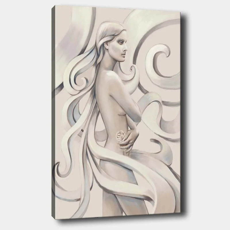 Canvastavla 70x100 cm - Stiliserad kvinna med långt hår som håller en ros, omgiven av svepande linjer, Vit / Ljusgrå / Mörkgrå