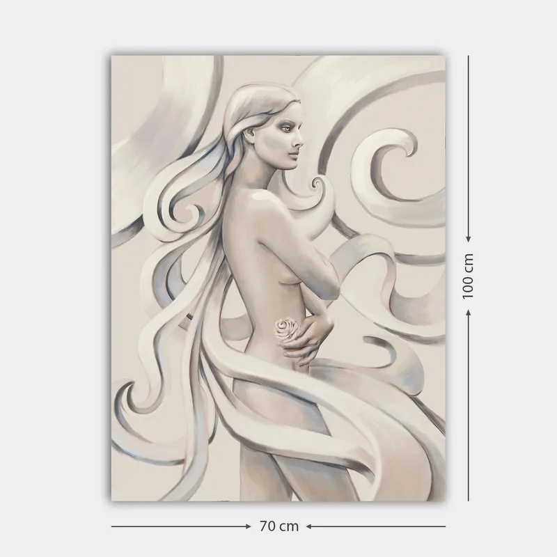Canvastavla 70x100 cm - Stiliserad kvinna med långt hår som håller en ros, omgiven av svepande linjer - Vit / Ljusgrå / Mörkgrå - Inredning - Tavlor & posters - Canvastavla