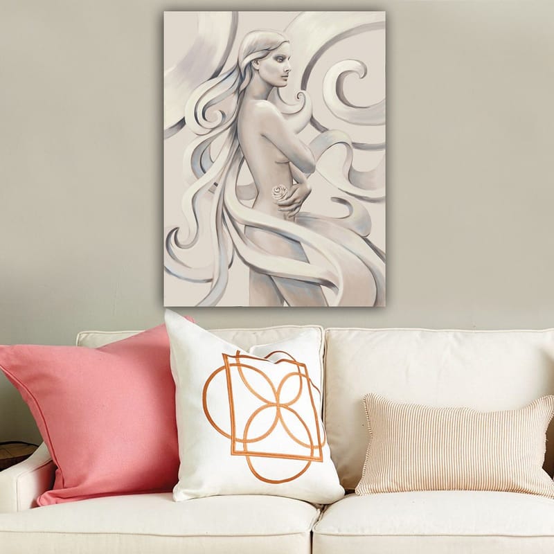 Canvastavla 70x100 cm - Stiliserad kvinna med långt hår som håller en ros, omgiven av svepande linjer - Vit / Ljusgrå / Mörkgrå - Inredning - Tavlor & posters - Canvastavla