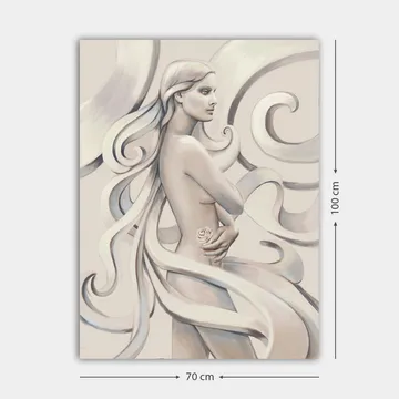 Canvastavla 70x100 cm - Stiliserad kvinna med långt hår som håller en ros, omgiven av svepande linjer - Vit / Ljusgrå / Mörkgrå - Inredning - Tavlor & posters - Canvastavla