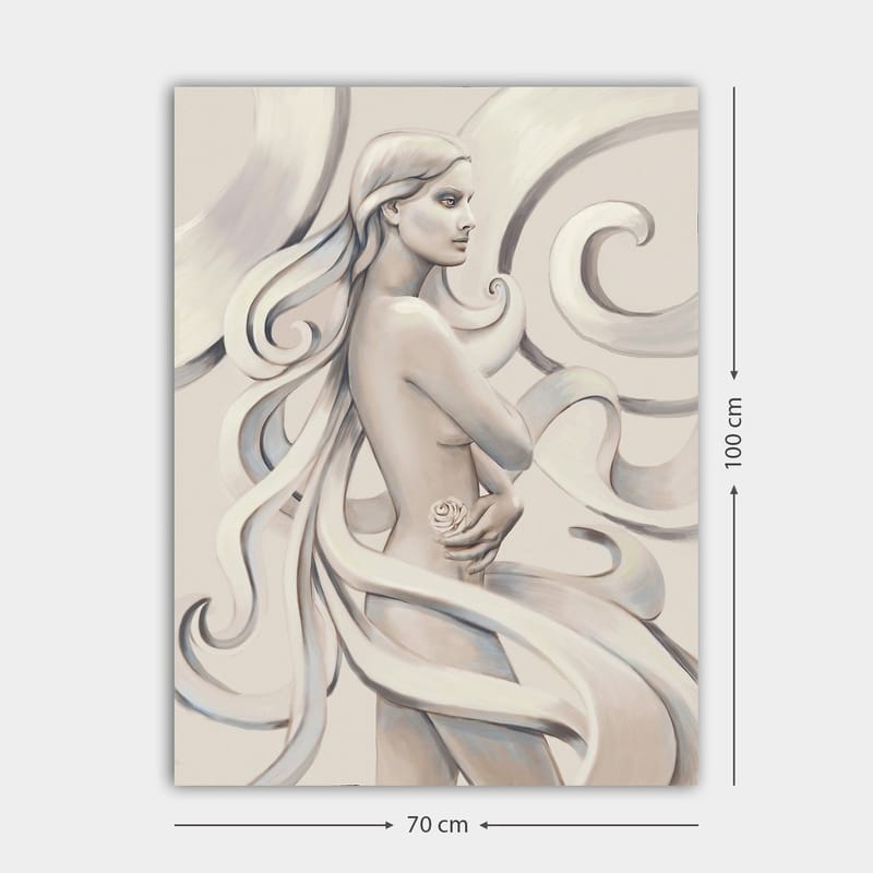 Canvastavla 70x100 cm - Stiliserad kvinna med långt hår som håller en ros, omgiven av svepande linjer - Vit / Ljusgrå / Mörkgrå - Inredning - Tavlor & posters - Canvastavla