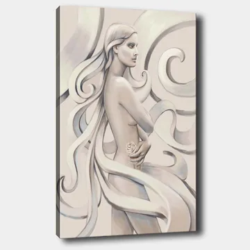 Canvastavla 70x100 cm - Stiliserad kvinna med långt hår som håller en ros, omgiven av svepande linjer - Vit / Ljusgrå / Mörkgrå - Inredning - Tavlor & posters - Canvastavla
