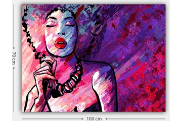 Canvastavla 70x100 cm - Stiliserad kvinna med lockigt hår som sjunger med stängda ögon - Lila / Rosa / Röd - Inredning - Tavlor & posters - Canvastavla
