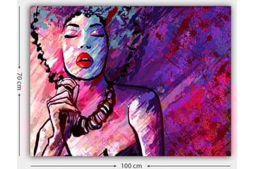 Canvastavla 70x100 cm - Stiliserad kvinna med lockigt hår som sjunger med stängda ögon - Lila / Rosa / Röd - Inredning - Tavlor & posters - Canvastavla
