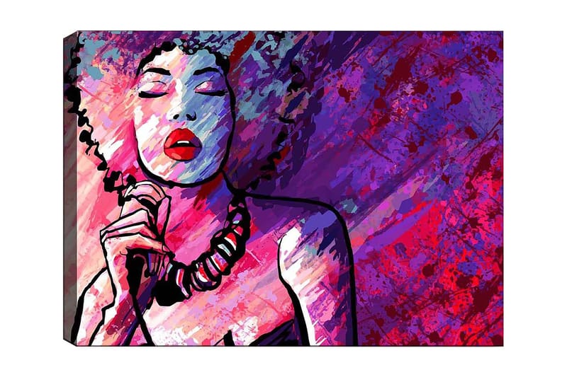 Canvastavla 70x100 cm - Stiliserad kvinna med lockigt hår som sjunger med stängda ögon, Lila / Rosa / Röd